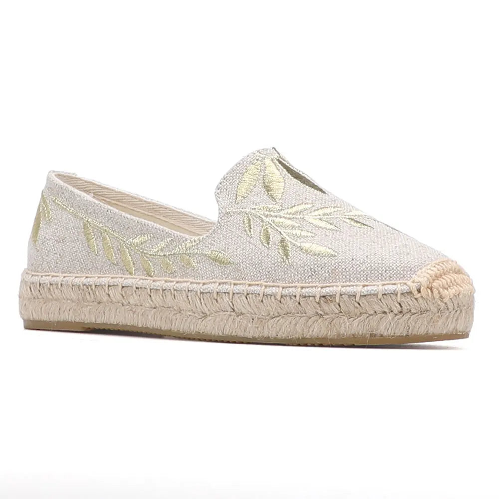 Espadrilles Femme Toile Brodée – Motif Feuillage