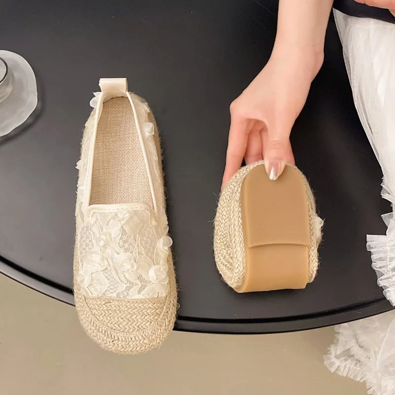 Espadrilles Femme Toile Brodées – Slip-On Bout Rond Dentelle Florale