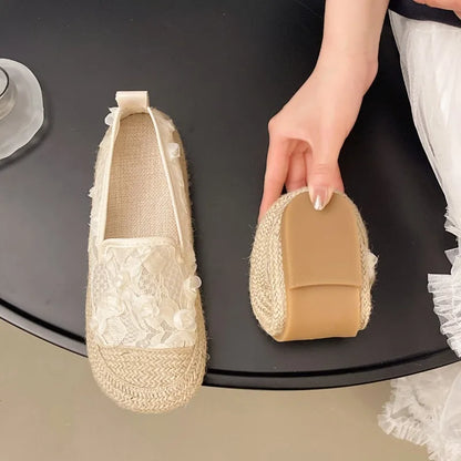 Espadrilles Femme Toile Brodées – Slip-On Bout Rond Dentelle Florale