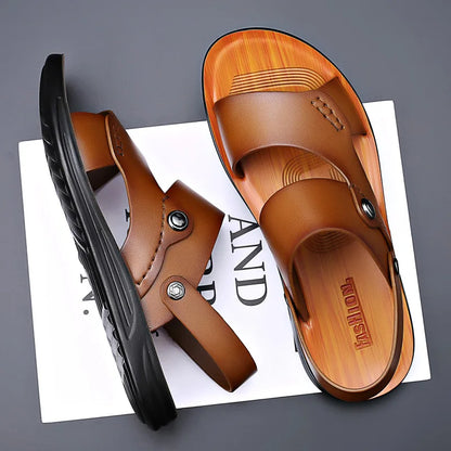 Sandales Homme Cuir Véritable – Double Bride Et Semelle Imitation Bois