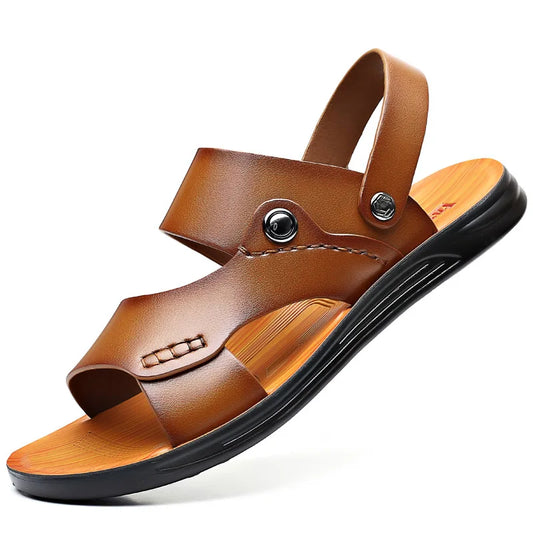 Sandales Homme Cuir Véritable – Double Bride Et Semelle Imitation Bois