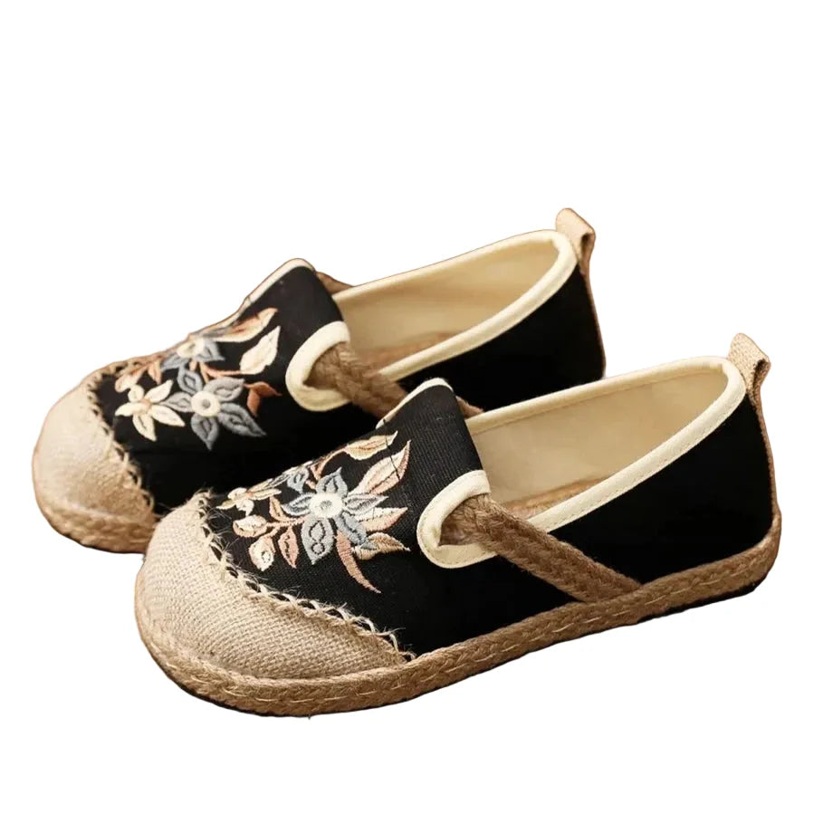 Espadrilles Femme Toile Brodées – Mocassins Slip-On Fleuris