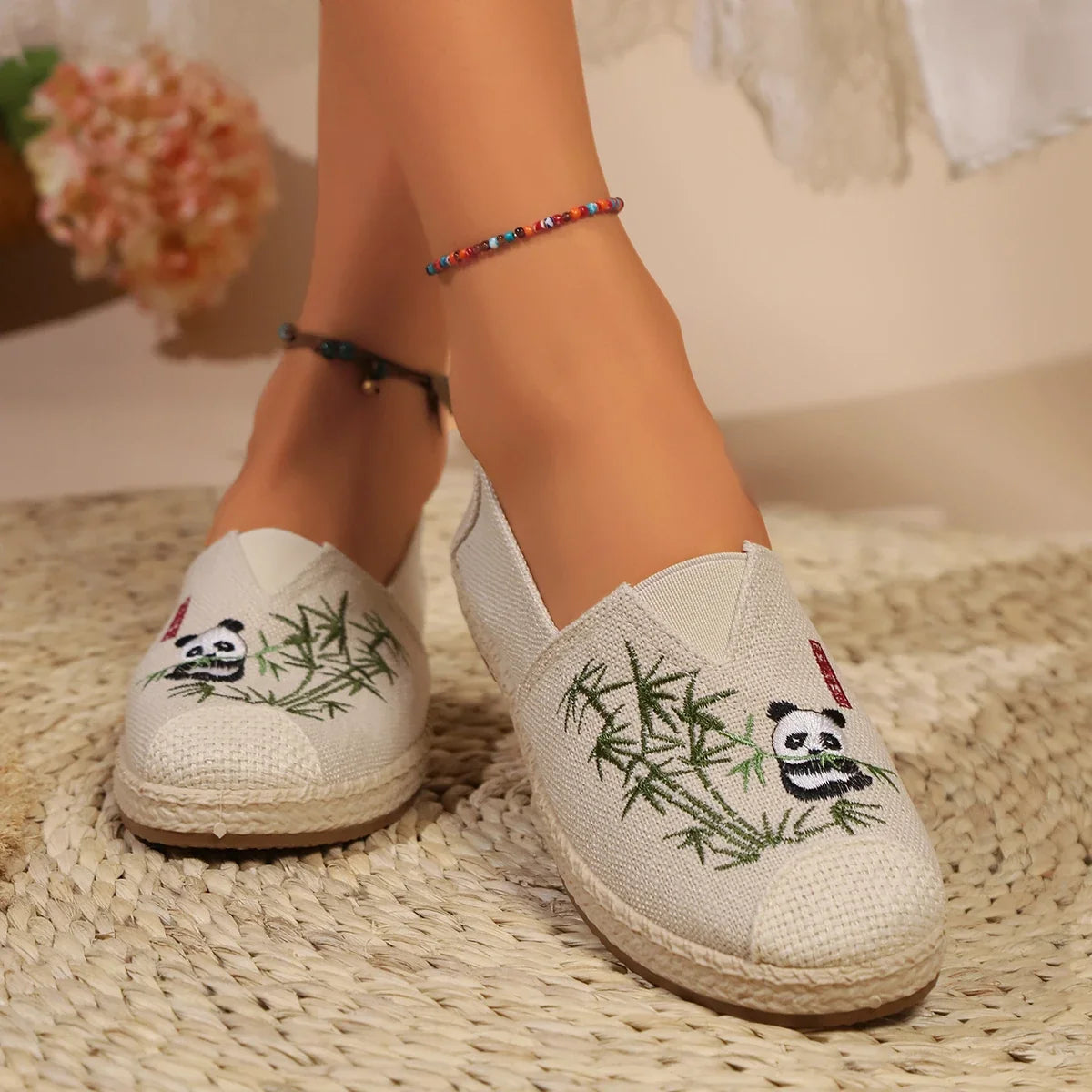 Espadrilles Femme Coton – Broderie Panda Motif Bambou