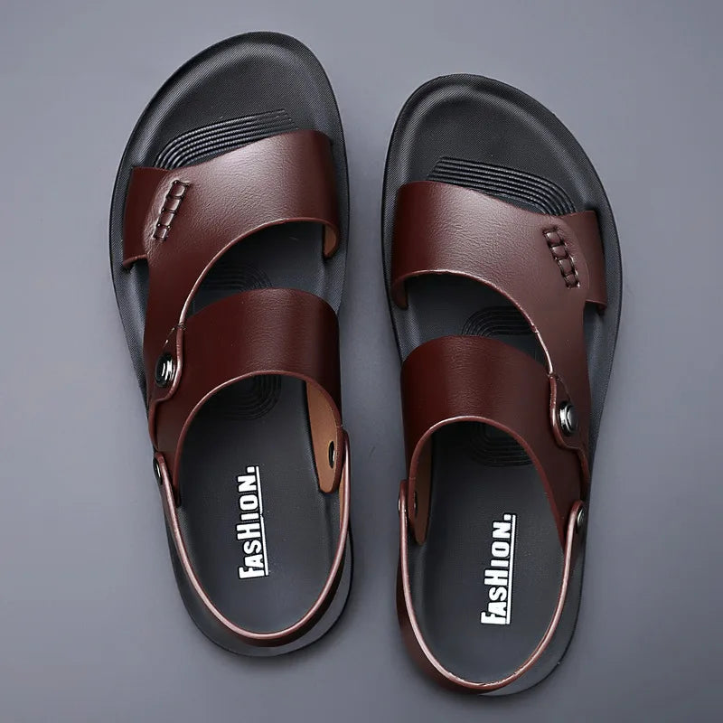 Sandales Homme Cuir Véritable – Double Bride Et Semelle Imitation Bois