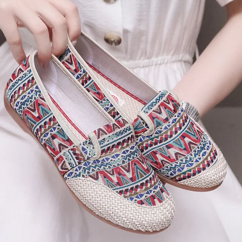Espadrilles Femme Toile – Motif Ethnique Multicolore Tressé