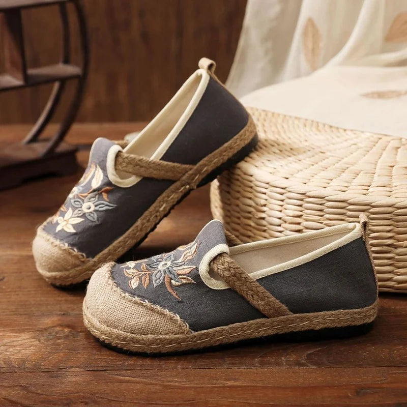 Espadrilles Femme Toile Brodées – Mocassins Slip-On Fleuris