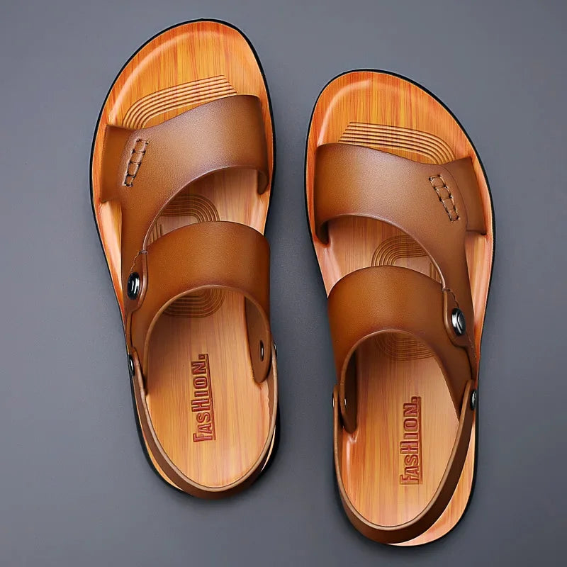 Sandales Homme Cuir Véritable – Double Bride Et Semelle Imitation Bois