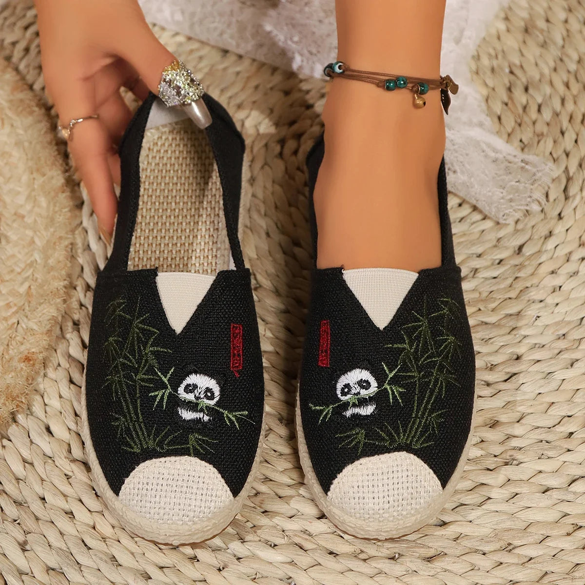 Espadrilles Femme Coton – Broderie Panda Motif Bambou