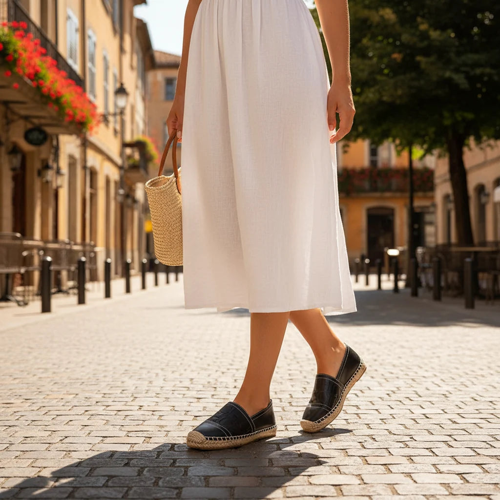 Espadrilles Femme PU – Logo Embossé Noir