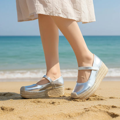 Espadrilles  Femme Compensées PU – Bride Scratch Semelle Corde