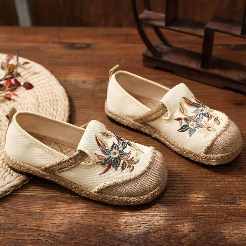 Espadrilles Femme Toile Brodées – Mocassins Slip-On Fleuris