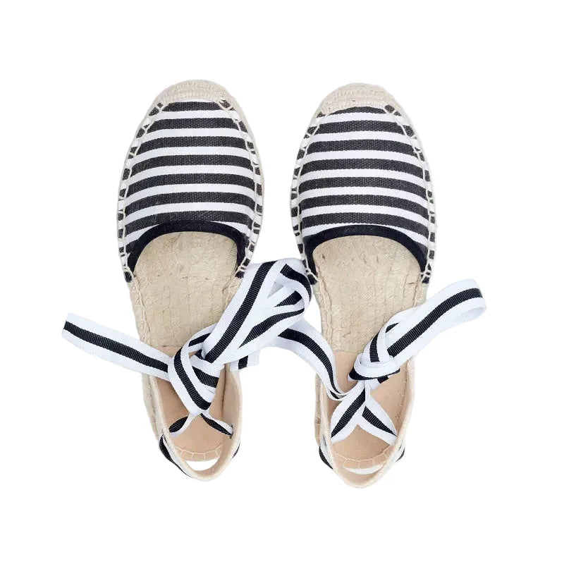 Espadrilles Femme Toile – Rayures & Ruban Cheville